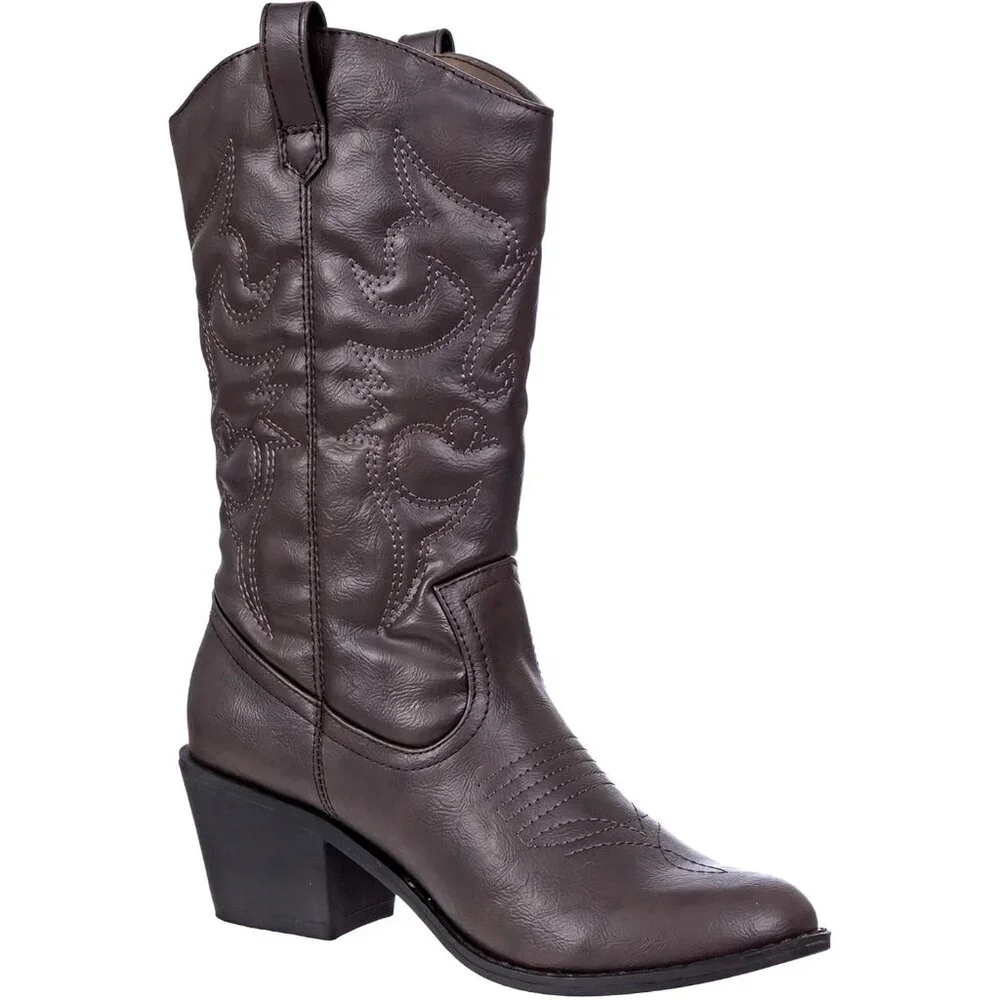 Women's Brown Mid Calf Boot Embroidered Stiching Western Cowgirl Boots Low Heel